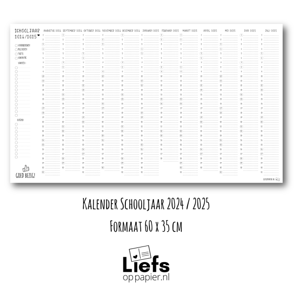 Kalender schooljaar 2024 / 2025 poster Liefs op papier